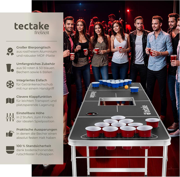 tectake® Bierpong Tisch, inkl. 100 Becher (50 rot & 50 blau) und 6 Bälle, mit Eisfach und Becherhalt