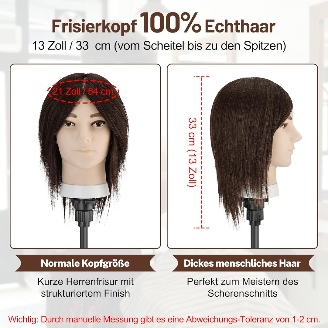 TwoWin 33 cm (13 Zoll) Frisierkopf Echthaar, Mann Friseurkopf Übungskopf 100% echthaar, Trainingskop