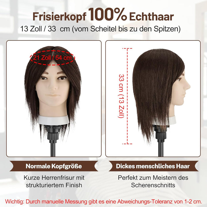 TwoWin 33 cm (13 Zoll) Frisierkopf Echthaar, Mann Friseurkopf Übungskopf 100% echthaar, Trainingskop