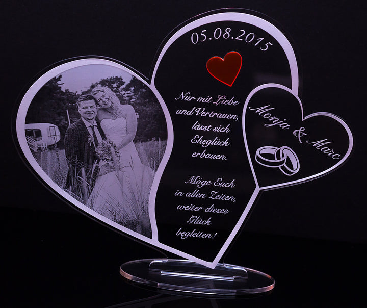 Acryl Schild in Herz Form "Hochzeitstag" mit Foto-Lasergravur, Geschenk, 205 mm x 170 mm (Hochzeitss
