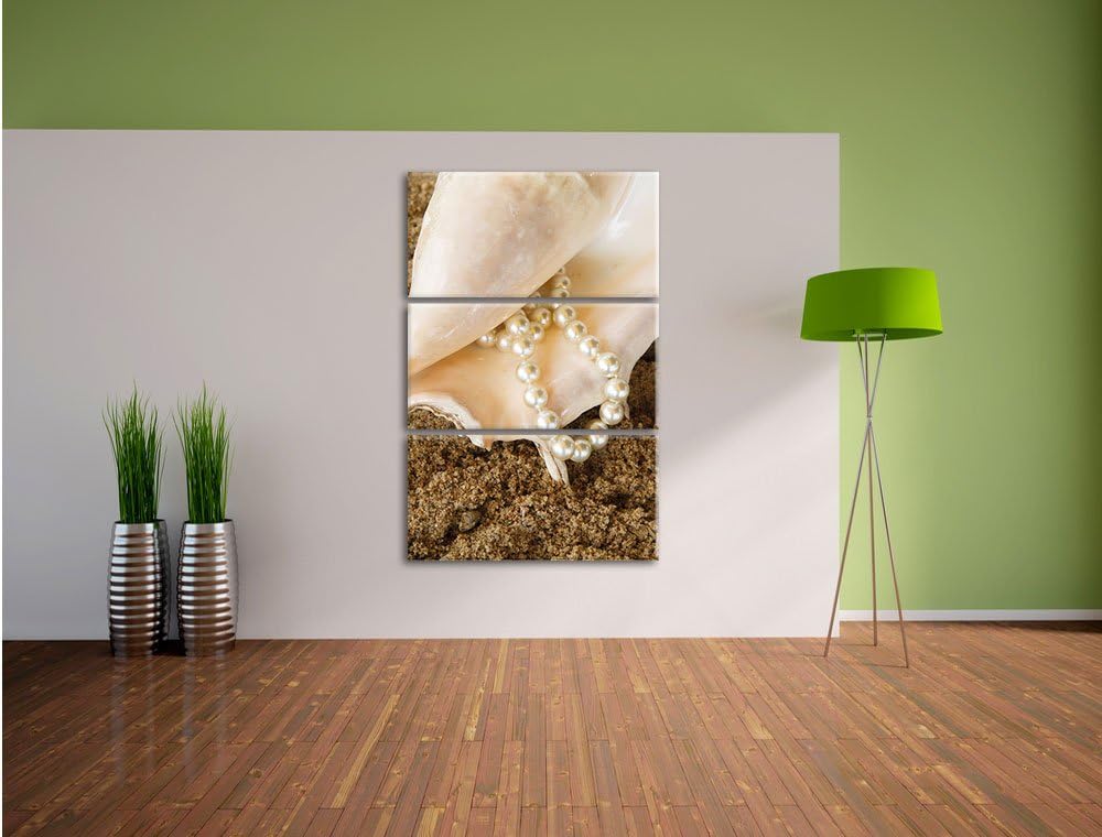 Pixxprint Muschel mit Perle Sand Strand als Leinwandbild/Grösse: 3 Teilig (120x80) cm/Wandbild/Kunst