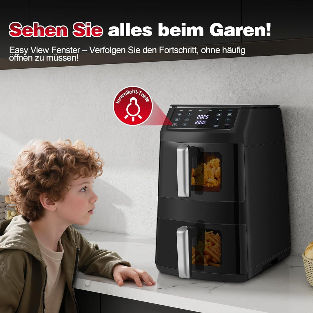 TopStrong Doppelkammer Heissluftfritteuse, 2500W Vertikale Double Stack Airfryer 2 Kammern mit Sicht