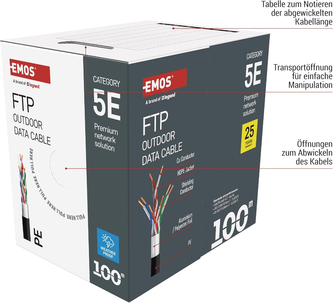 EMOS - FTP Netzwerkkabel CAT 5e, 100m, PE - CAT5e-Patchkabel FTP - Gigabit LAN Kabel - geschirmtes E
