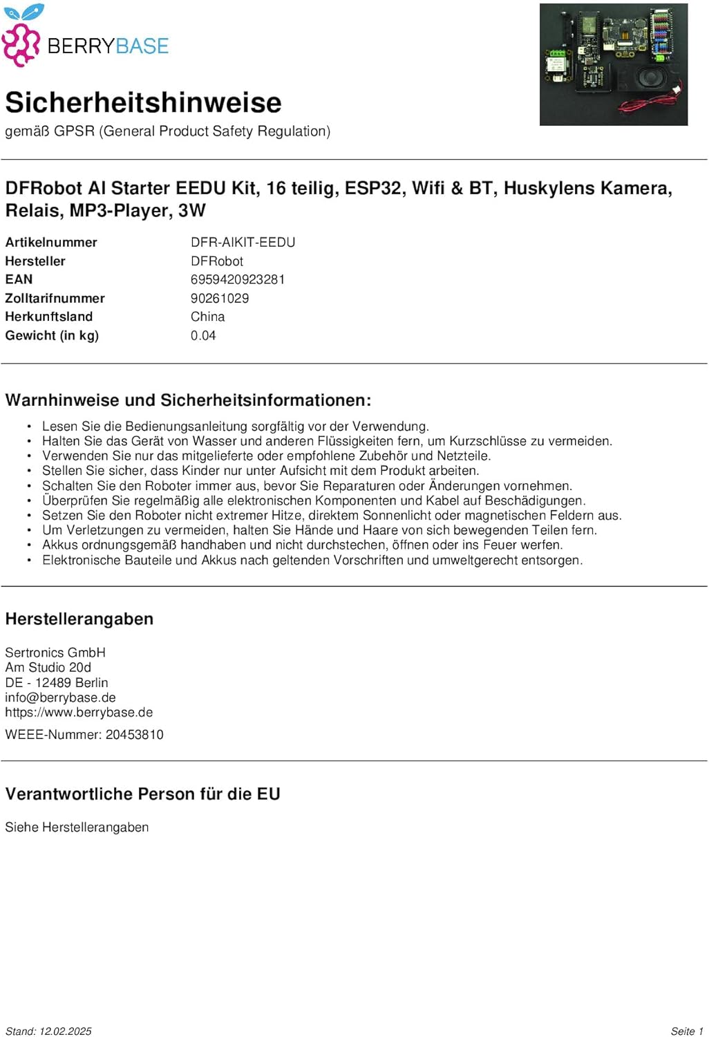 DFRobot AI Starter EEDU Kit, 16 teilig, ESP32, WiFi & BT, Huskylens Kamera, Relais, MP3-Player, 3W