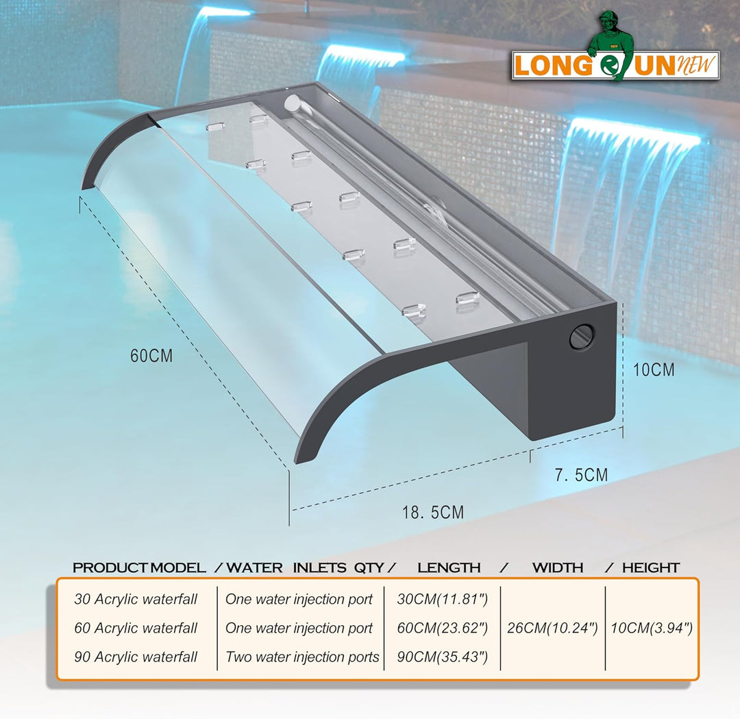 Teich Wasserfallklingen Set, 60 cm Acryl Poolfontäne mit Zubehör, Breite 18 cm Gebogene Auslauf Spri