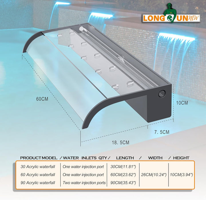 Teich Wasserfallklingen Set, 60 cm Acryl Poolfontäne mit Zubehör, Breite 18 cm Gebogene Auslauf Spri