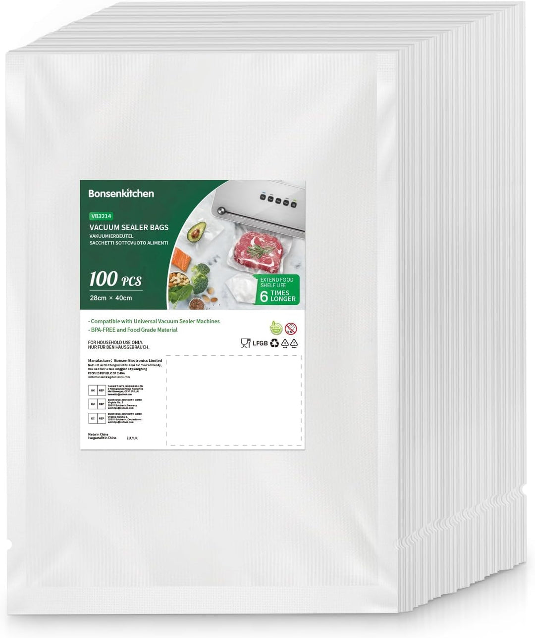 Bonsenkitchen Vakuumierbeutel 28x40 cm, 100 Beutel Profi-Folienbeutel für alle Vakuumiergerät, vakuu