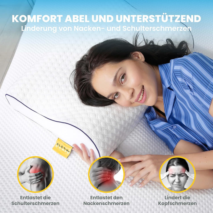 SLEEP COMFY - Premium Visco HWS Nackenkissen, 60x40x14/12cm, Kopfkissen mit Bezug, Nackenstützkissen