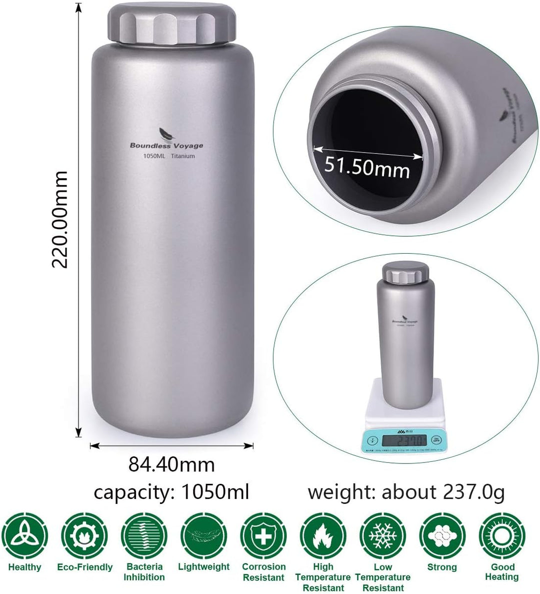 iBasingo Titan Flasche Outdoor Camping Becher Wide Mouth Kochgeschirr Leichtes Tragbares Wasserflasc