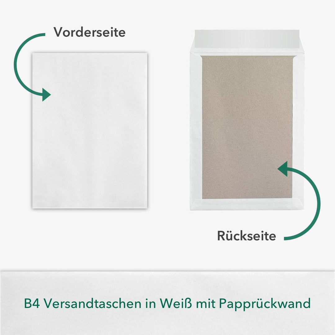 50 Stück Premium Versandtaschen B4 in Weiss, mit Papprückwand, Haftklebung und Abdeckstreifen, 250 x