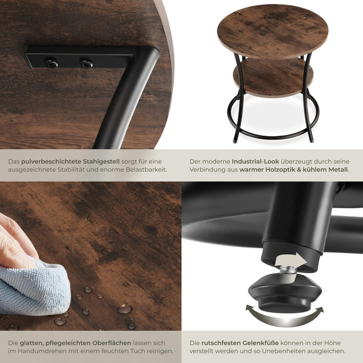 tectake Beistelltisch rund, Couchtisch mit 2 Ablagen, Industrie-Design, Nachttisch aus Holz, Ø55 x 5