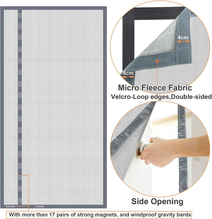 Risareyi Seitliche Öffnung Magnet Fliegengitter Balkontür 115x180cm, Grau