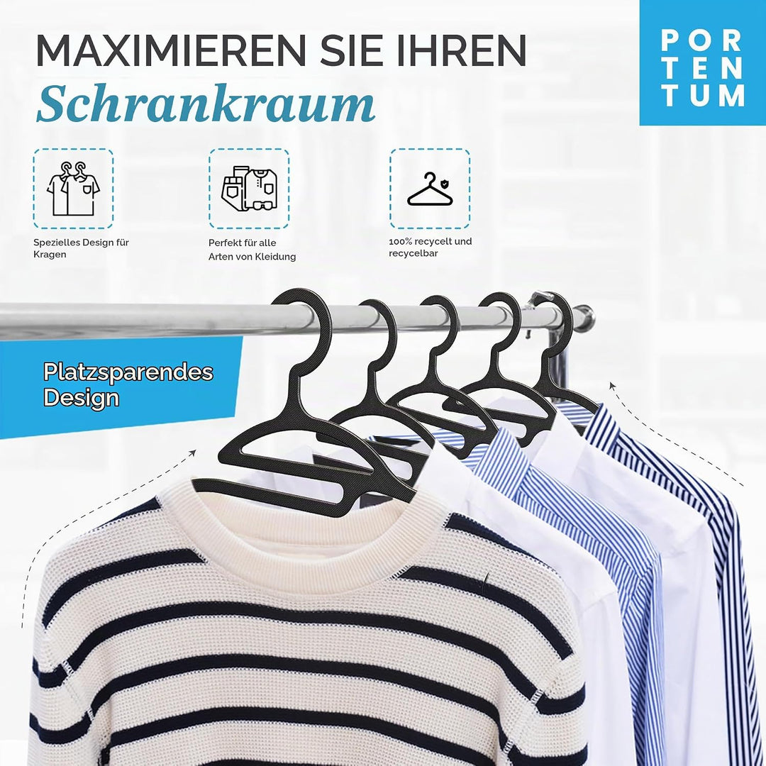 PORTENTUM Kleiderbügel aus Recyceltem Kunststoff, 50 Stück, Schwarz. Für Leichte Kleidung, Nicht zu