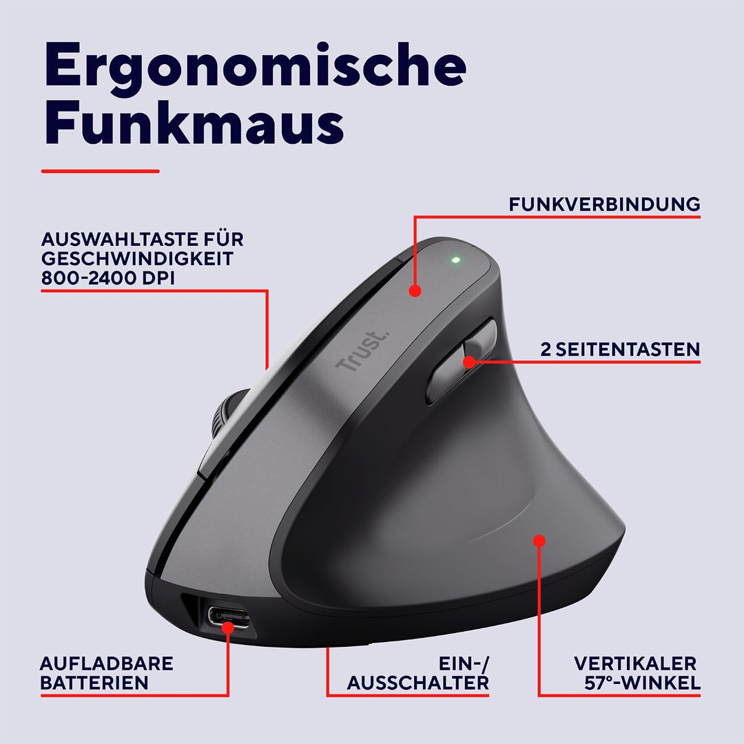 Trust Yuno Wiederaufladbare Vertikale Maus, Kabellose Ergonomische Maus 2.4GHz, Vorbeugung Gegen Mau