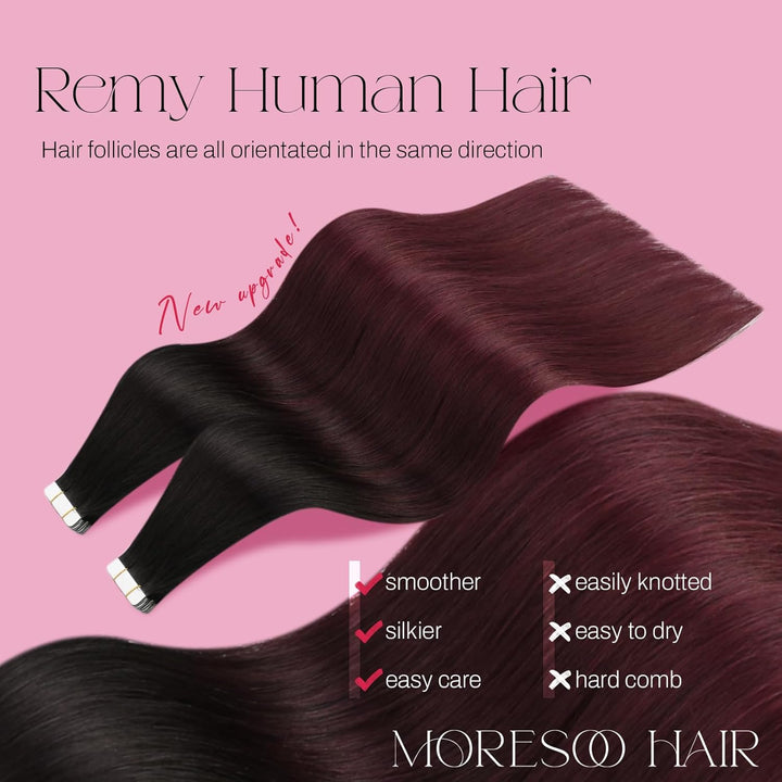 Moresoo Haarverlängerung Echthaar Tape in Schwarz 60 cm Tape Extensions Echthaar Remy Extensions Tap