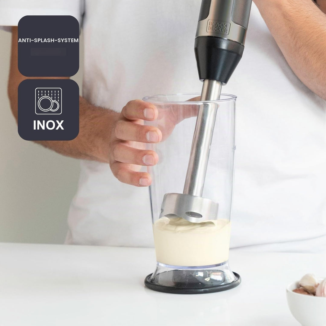 Black+Decker Stabmixer | BXHBA1500E | 1500 Watt | 20 Geschwindigkeiten | Turbo | Edelstahl | Spritzs