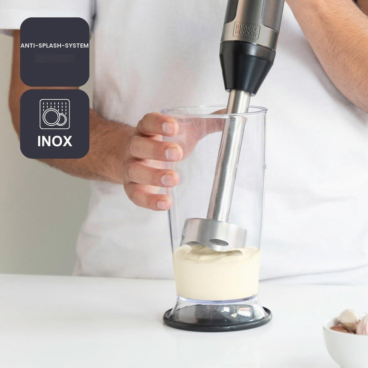 Black+Decker Stabmixer | BXHBA1500E | 1500 Watt | 20 Geschwindigkeiten | Turbo | Edelstahl | Spritzs