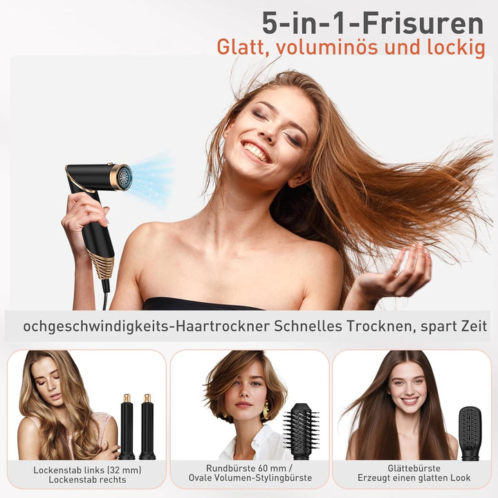 TANSHINE 5 in 1 Hairstyler Auto Air Styler Set, Leicht und Faltbar Haarstyler Heissluftbürste Fföhnb
