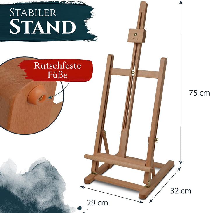Artina Holz Tischstaffelei für Keilrahmen bis zu 57cm - Malstaffelei Holz stabil – Staffelei Buchenh