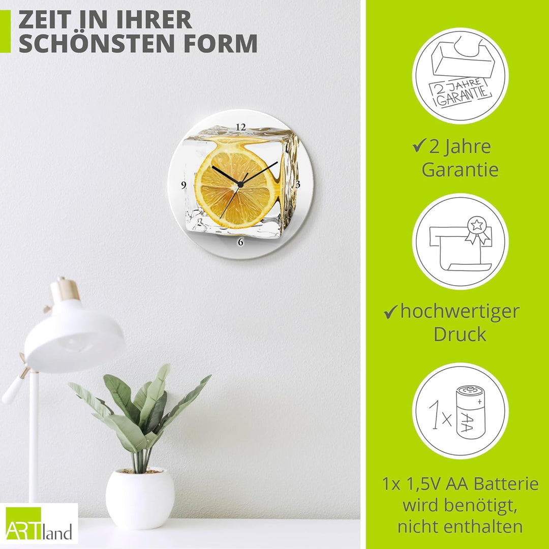 ARTLAND Wanduhr ohne Tickgeräusche Glas Funkuhr Ø 30 cm Rund Lautlos Obst Früchte Zitrone im Eiswürf