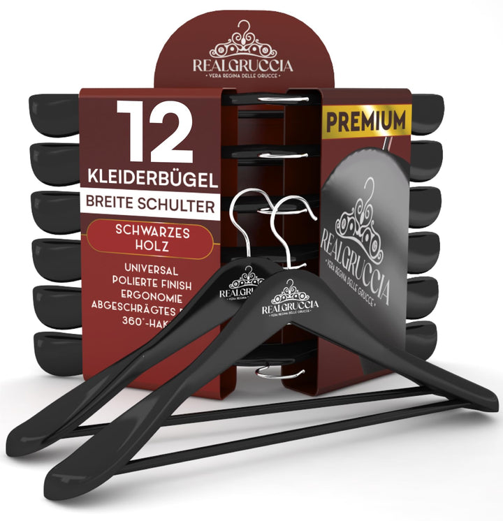 12 Kleiderbügel aus Holz Breite Schulter 24x45cm Farbe Schwarz Holzbügel Hosen und Hemden - RealGruc