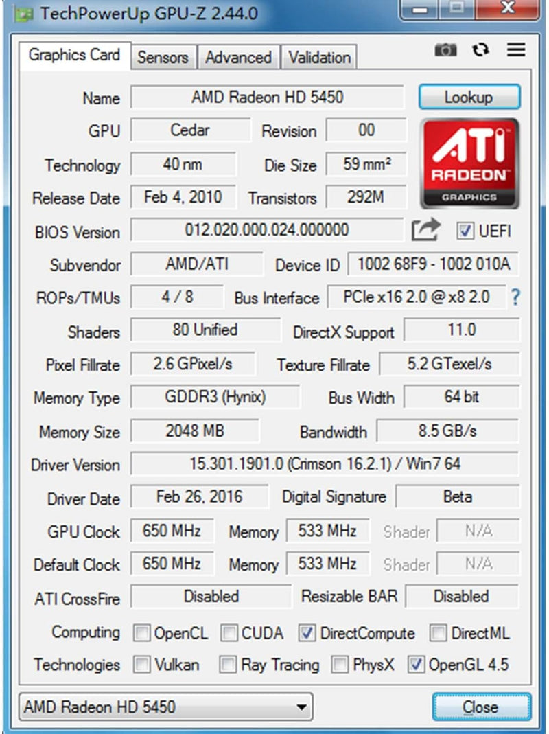 SAPLOS Radeon HD 5450 Grafikkarte, 2GB DDR3 64-bit, Low Profile, DVI-I HDMI VGA, PCI Express x16, Di