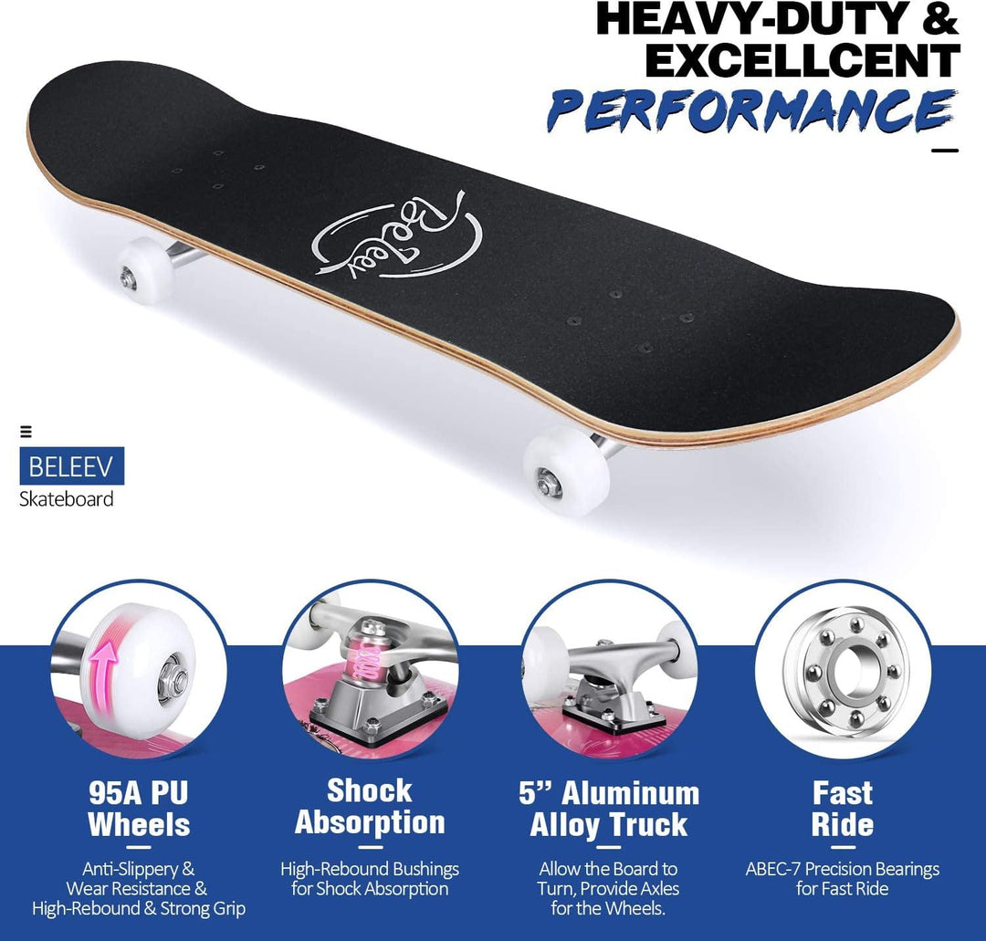 BELEEV Skateboard 31x8 Zoll Komplette Cruiser Skateboard für Kinder Jugendliche Erwachsene, 7-Lagige