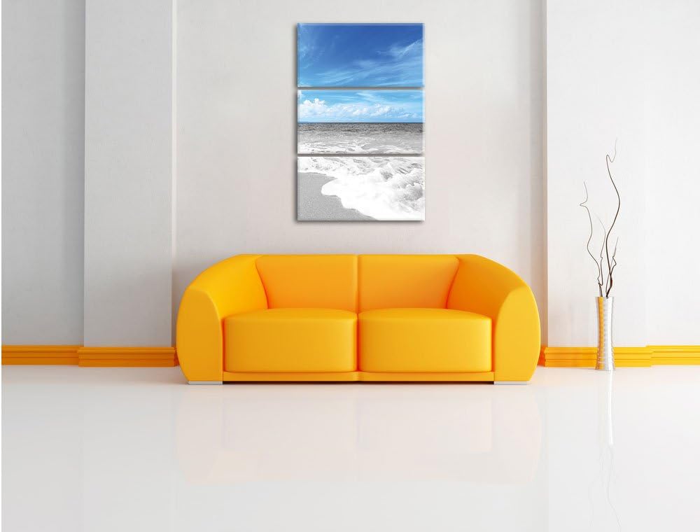 Pixxprint Sandstrand mit Welle bei azurblauen Himmel 3-Teiler Leinwandbild 120x80 Bild auf Leinwand
