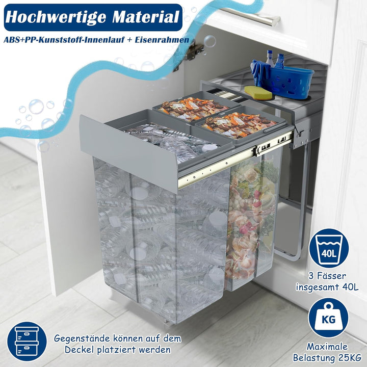 NAIZY Mülltrennsystem ausziehbar Mülleimer Küche 3-Fächer Abfalleimer einbau Unterschrank mit Telesk