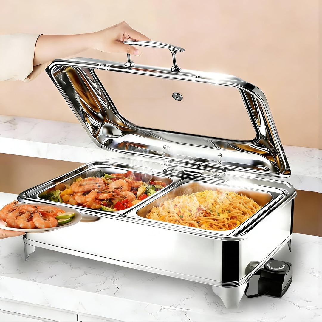 Elektrischer Chafing Dish Glasdeckel, 9L Edelstahl Speisewärmer Buffetwärmer Elektrisch Einstellbare