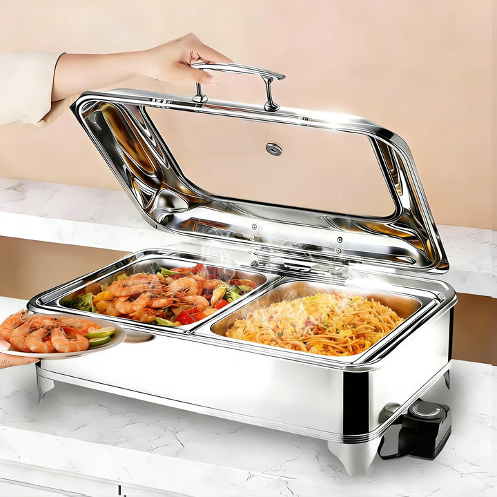 Elektrischer Chafing Dish Glasdeckel, 9L Edelstahl Speisewärmer Buffetwärmer Elektrisch Einstellbare