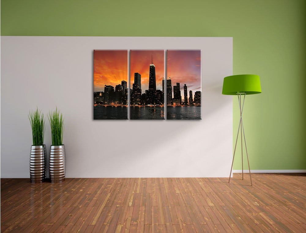 Pixxprint Chicago-Wolkenkratzer-Silhouette als Leinwandbild/Grösse: 3 Teilig (120x80) / Wandbild/Kun