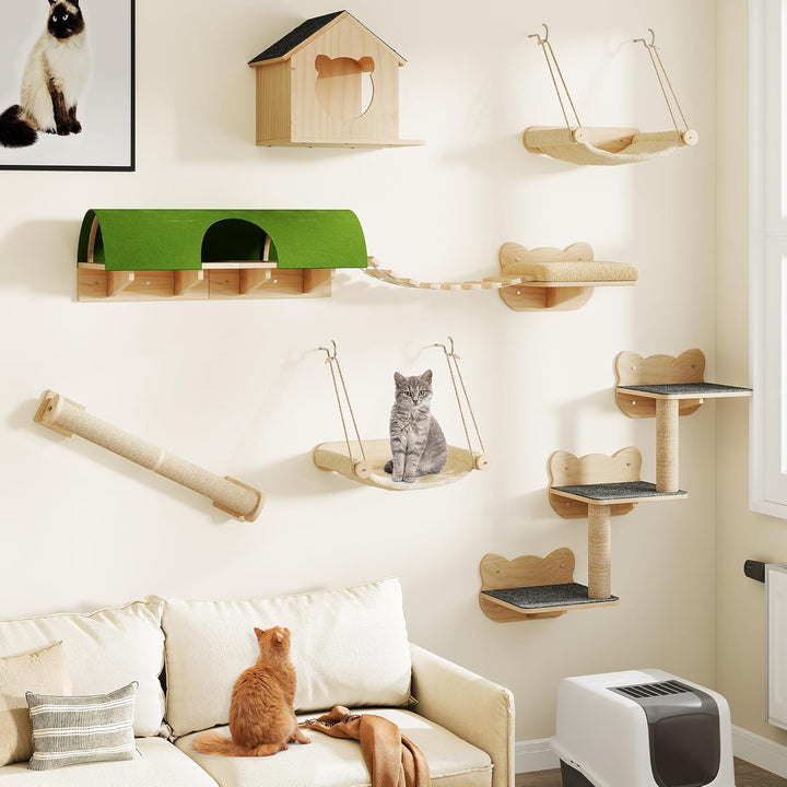 YITAHOME Katzenkletterwand-Set, Stabiler Holz Katzenmöbel, 7-Teilig Katzen Wandelemente mit Katzenha