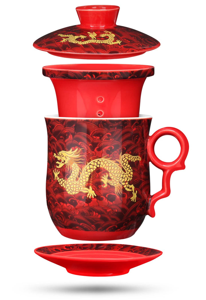 YURROAD Teetasse Mit Teesieb Deckel Und Untertasse Chinesisches Drachenmuster Aus Chinesischem Porze