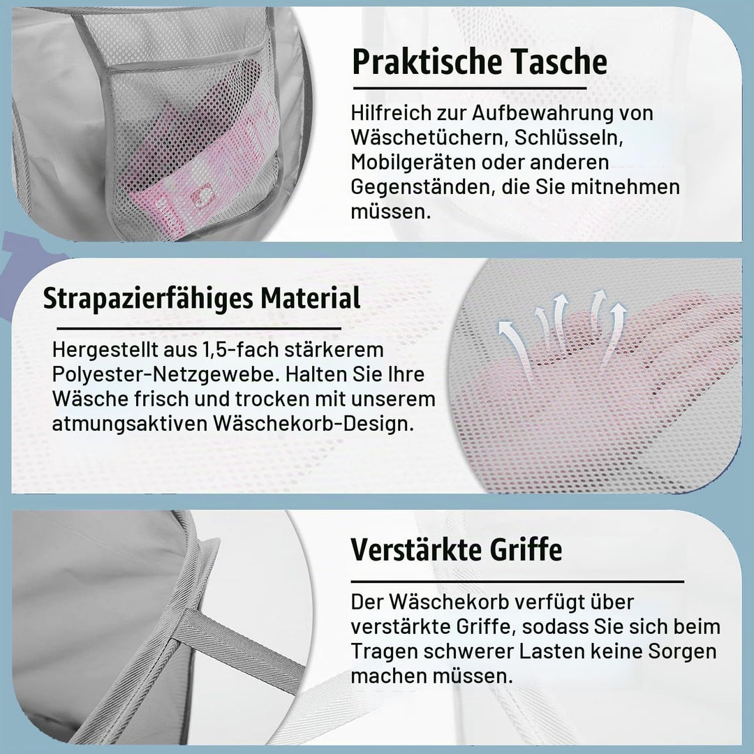 3er Set Pop-up Wäschekorb Faltbar, Laundry Baskets mit Henkel, Klappbarer Wäschesammler aus Mesh, fü
