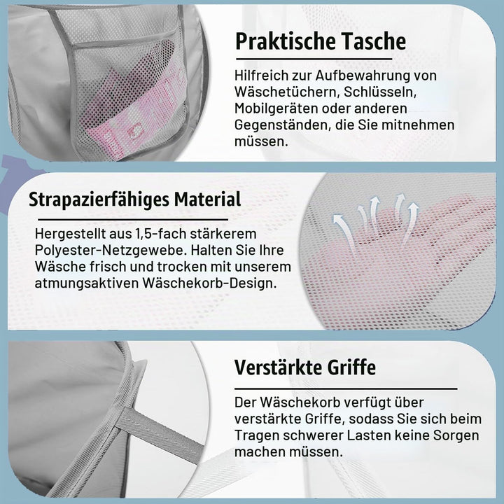 3er Set Pop-up Wäschekorb Faltbar, Laundry Baskets mit Henkel, Klappbarer Wäschesammler aus Mesh, fü