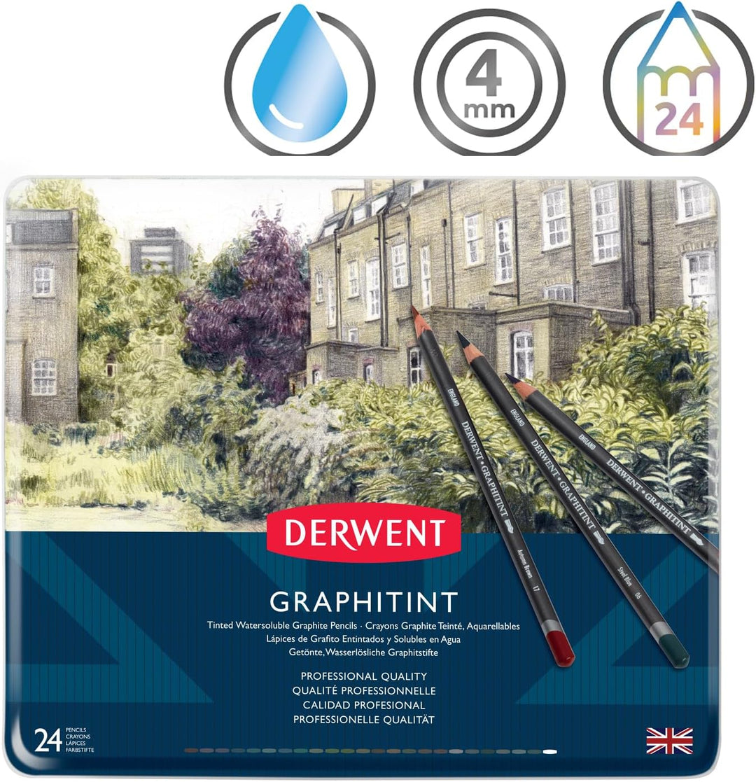 Derwent Graphitint Tinted Graphite Drawing Pencils, Getönte Graphit-Zeichenstifte, 24er-Set, Wasserl