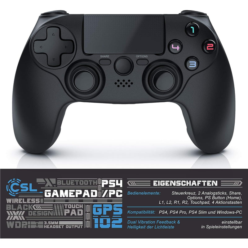 CSL - Wireless Gamepad für PS4 PS4 Pro PS4 Slim - Controller mit Dual Vibration - 3,5 mm Headset Aus