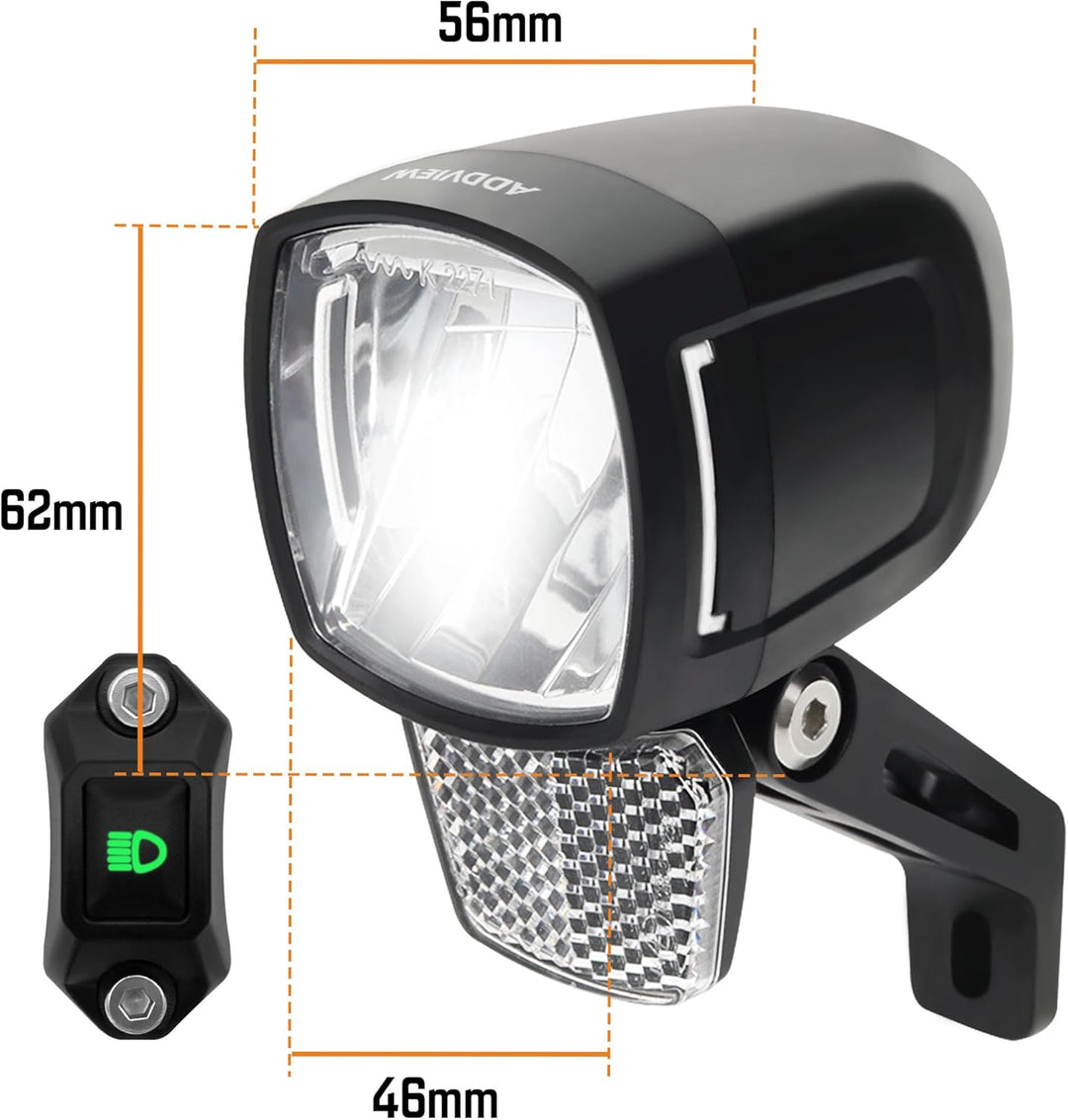 E-Bike Frontlicht 170 Lux Hammer E170 Plus – Fernlicht, Abblendlicht, mit Lenker-Schalter, IP65, Alu
