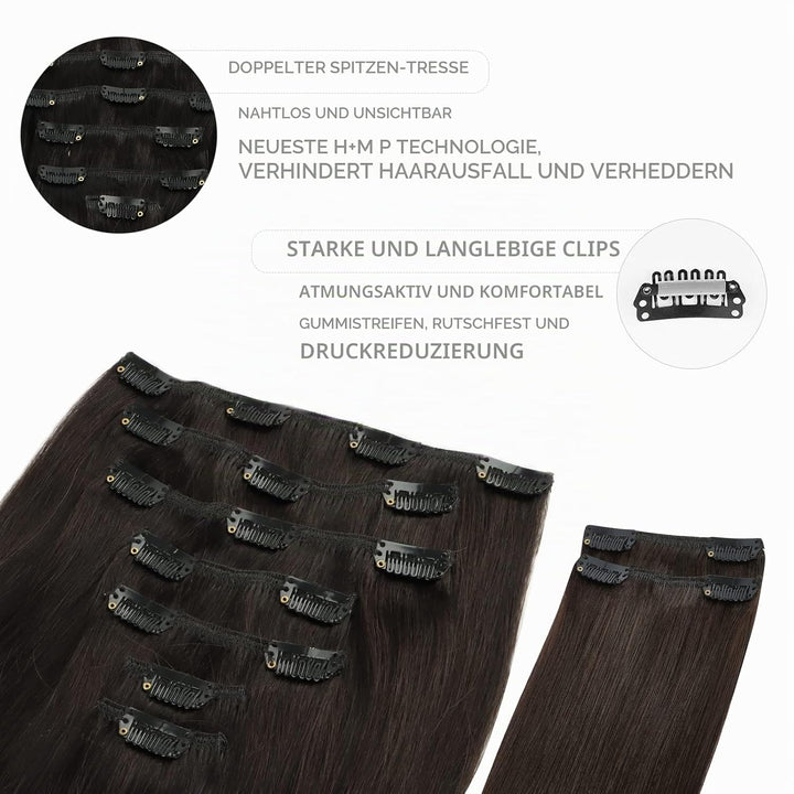WENNALIFE Clip In Extensions Echthaar, 150g 40cm 9pcs Dunkel Braun Clip In Extensions Hair Extension