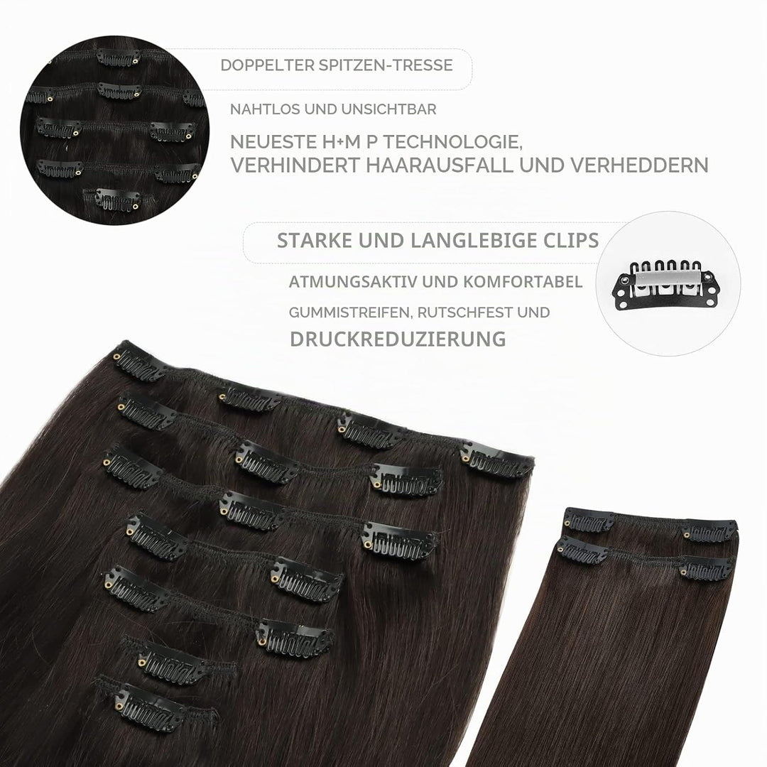 WENNALIFE Clip In Extensions Echthaar, 150g 45cm 9pcs Dunkel Braun Clip In Extensions Hair Extension