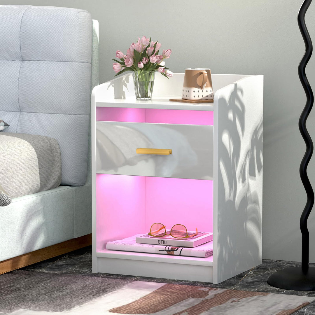 PIPIPOXER Nachttisch LED mit 1 Schubladen, Nachttisch Weiss Hochglanz Nachtschrank LED-Beleuchtung 1