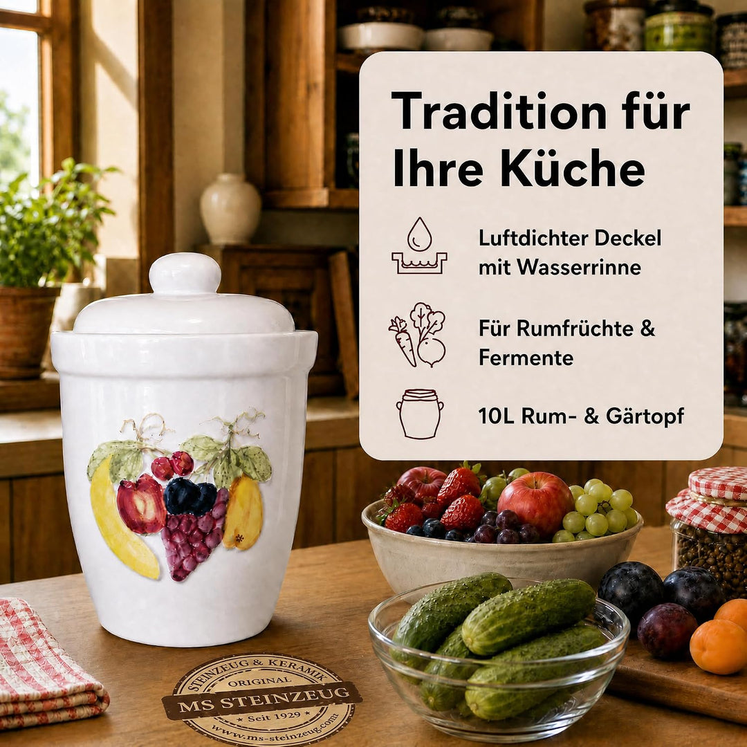 Schmitt Rumtopf 10 L handbemalt mit Obstrelief | Gärtopf zum Einlegen von Obst Aller Art | Einmachto