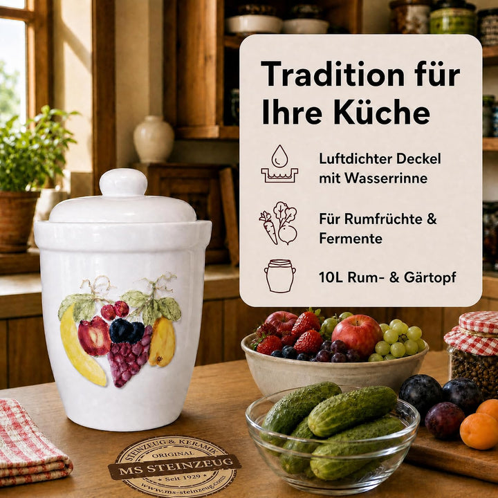 Schmitt Rumtopf 10 L handbemalt mit Obstrelief | Gärtopf zum Einlegen von Obst Aller Art | Einmachto