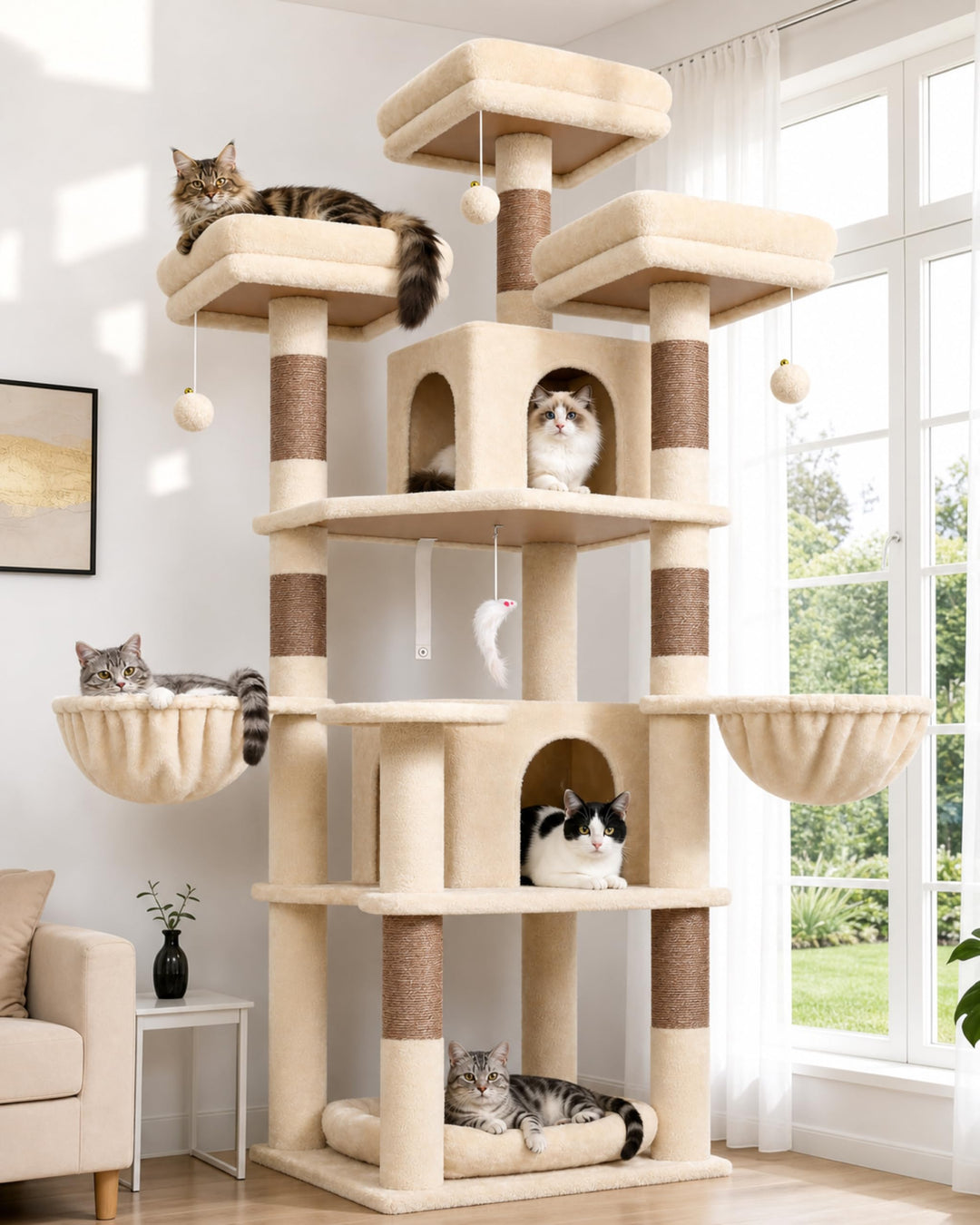 Globlazer Beige Kratzbaum Stabil 174 cm mit 3 Gepolsterte Sitzstangen, 2 Katzenhaus, 2 Korb, Abnehmb