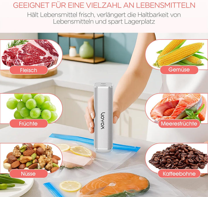 VOYOR Handvakuumierer wird zur Konservierung von Lebensmitteln, Gemüse und Obst Verwendet Wiederaufl