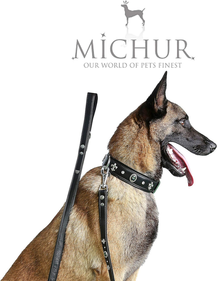 MICHUR EL Pavo Hundehalsband Leder, Lederhalsband Hund, Halsband, Schwarz, Leder, mit Lilien, Strass