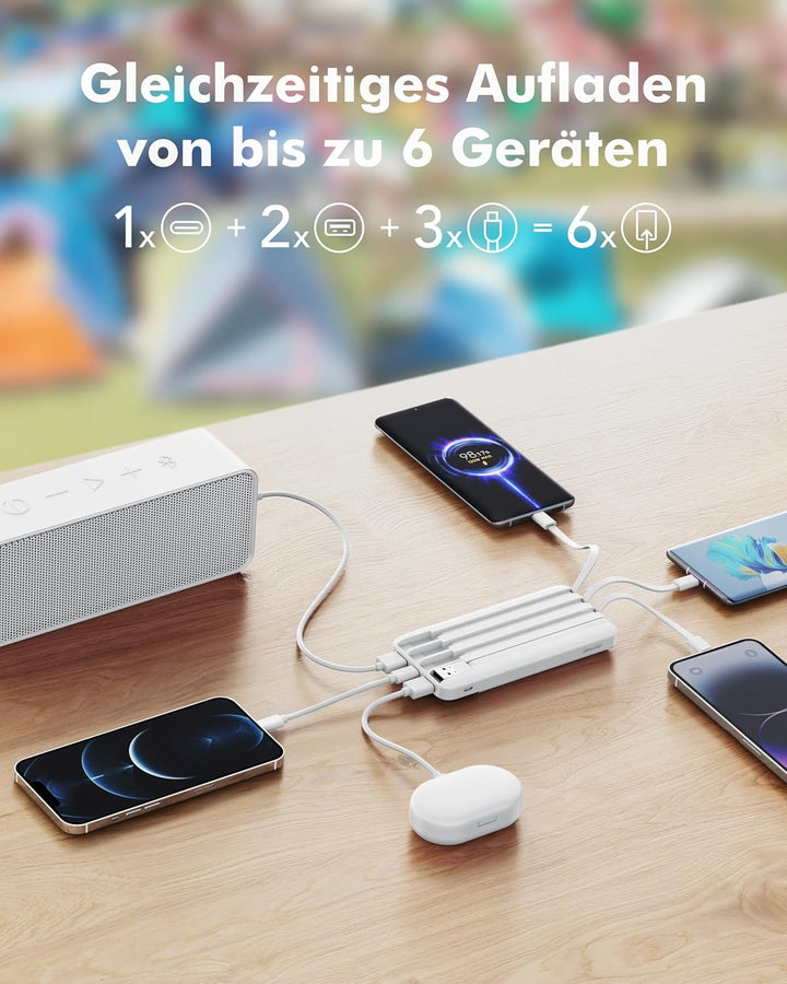 Charmast Powerbank 20000mAh Externer Akku USB C Power Bank mit 4 integriertes Ladekabel Tragbares La