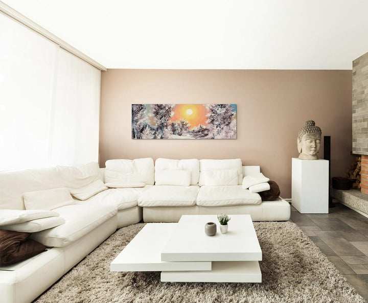 Sinus Art Wandbild 150x50cm Malerische Winterlandschaft am See auf Leinwand für Wohnzimmer, Büro, Sc