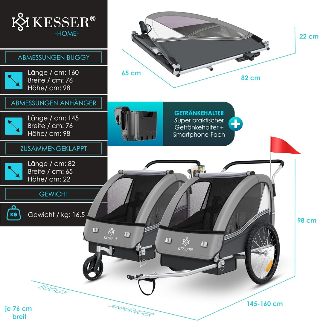 KESSER® Kinderanhänger Fahrradanhänger Sport-RX 2 in 1 Joggerfunktion Kinderfahrradanhänger + 5-Punk